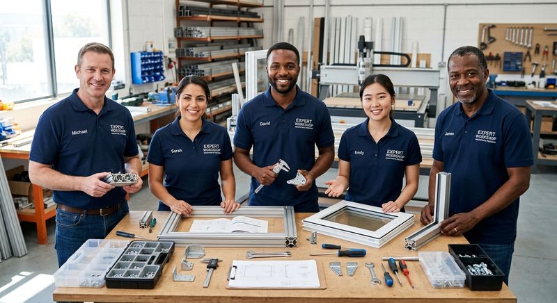 Brixwell hardware replacement parts arranged on a workshop bench next to a vinyl window sash