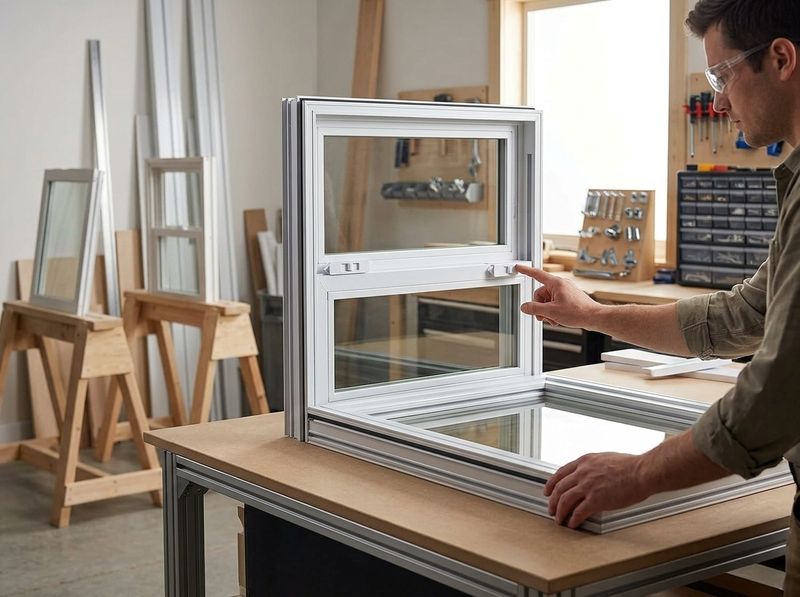 Close-up of a white tilt latch snapped into the top corner of a vinyl double-hung sash, fingers just releasing the part