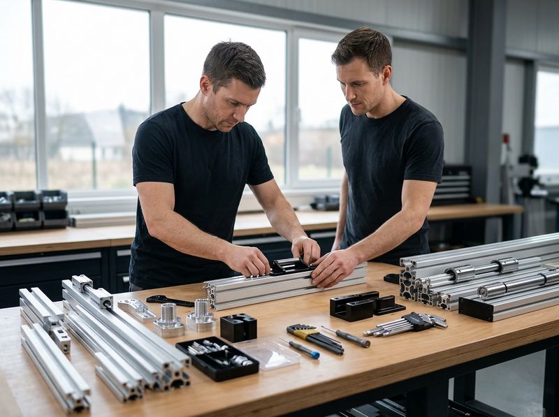 Close-up of a stainless roller strike installed beside an International Rim Panic push bar on a commercial storefront exit door